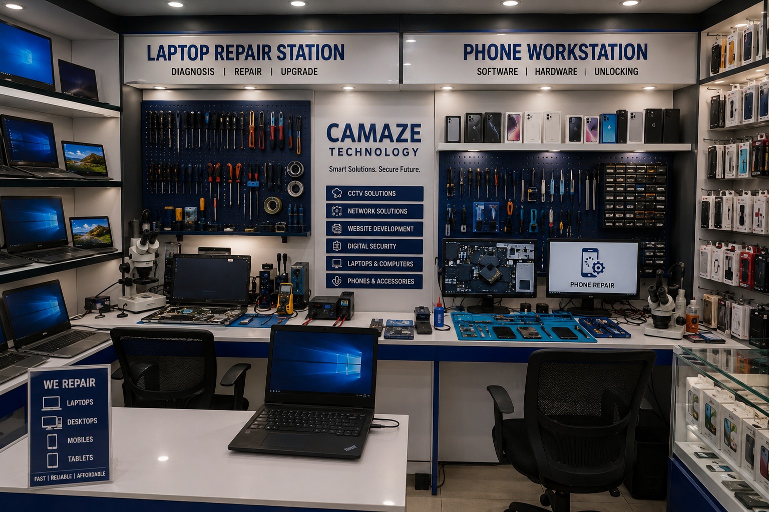 The laptop repair station and phone workstation with tools on blue pegboards